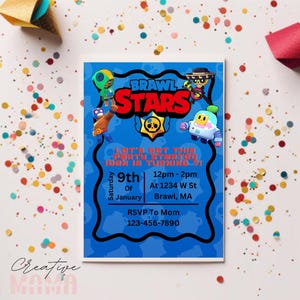 May include: A blue Brawl Stars party invitation with character illustrations and the text "Brawl Stars". The invitation includes party details: date, time, location, and RSVP information. The design features a star-shaped logo.