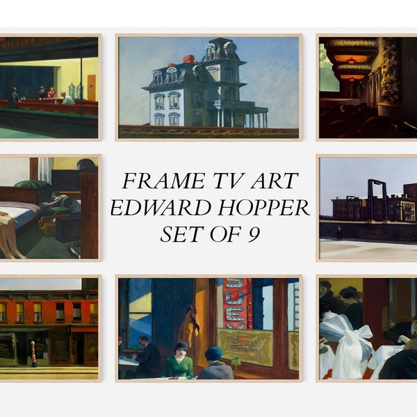 Art pour téléviseur Edward Hopper Frame, lot de 9 téléviseurs Samsung avec cadre, comprenant des œuvres d'art renommées telles que Nighthawks, Automat et Chop Suey, Silverwood Prints