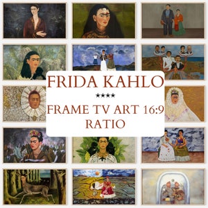 以下が含まれることがあります： フリーダ・カーロの肖像画が描かれた額入りのアートプリントのコレクション。アートワークは16:9の比率で表示され、さまざまな色とスタイルがあります。「FRIDA KAHLO FRAME TV ART 16:9 RATIO」というテキストが中央に表示されています。