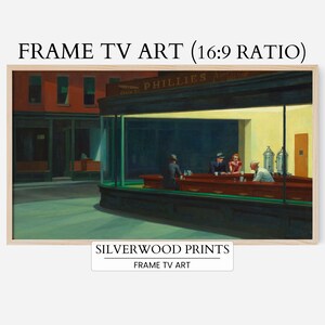 May include: A painting of a diner at night with a green exterior and a yellow interior. The diner has a sign that says "PHILLIES" and there are four people sitting at the counter. The painting is in a wooden frame.