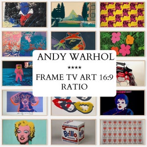 May include: A collage of 12 framed Andy Warhol art prints, featuring iconic images like Marilyn Monroe, Campbell's Soup Cans, and a cow. The text "ANDY WARHOL **** FRAME TV ART 16:9 RATIO" is displayed in the center of the collage.