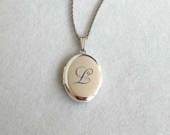 Initial monogram oval photo locket necklace Rhodium plated sterling silver