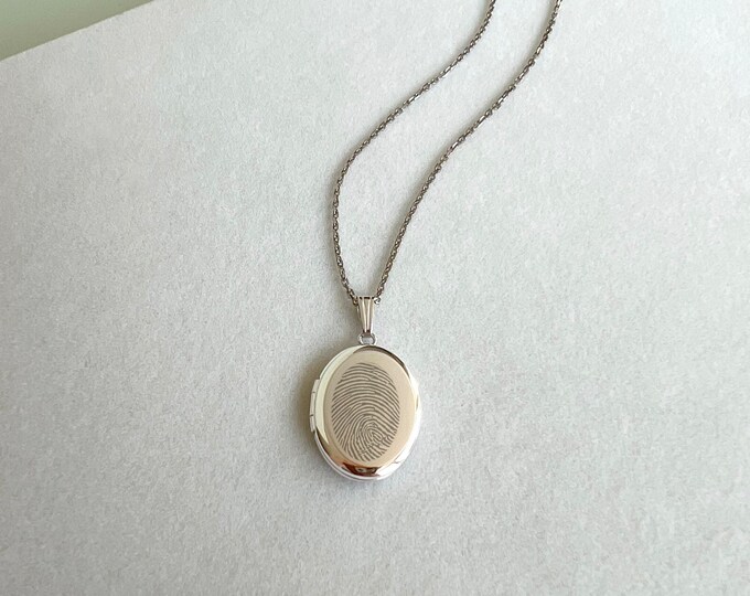 Fingerprint Oval Photo Locket Necklace Rhodium Plated Sterling Silver