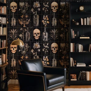 Dark Skull Wallpaper Peel Stick, Vintage Bottles and Flowers Mural, Removable Vinyl Gothic Wallpaper image 1