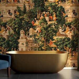 May include: A gold-colored, oval-shaped bathtub is the focal point of this image, set against a detailed mural depicting a historical scene with figures and architecture. A blue armchair and dark flooring complete the luxurious bathroom setting.