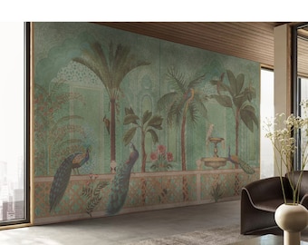 Mughal Wallpaper of India Rajahstan with Peacock Mural, Removable Peel Stick, Traditional