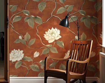 Terracotta Floral Wallpaper White Blossom Mural Botanical Branch Peel Stick Removable Wall Paper