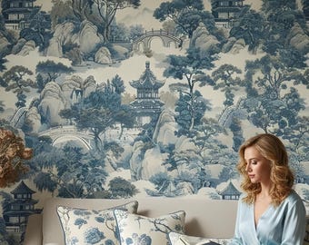 Chinoiserie Mural Landscape Wallpaper Mountains Peel and Stick Removable Toile Wall Paper Blue