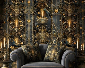 Dark Witchy Wallpaper Gothic Mural Art Nouveau Peel Stick Gold Baroque Wall Paper Bird Removable