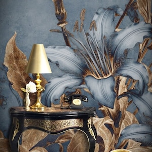 Gold Vintage Floral Wallpaper, Metallic Flowers, Shiny Removable Non Woven Traditional Mural