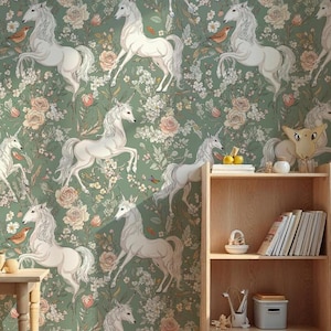May include: A room with a green floral wallpaper featuring white unicorns. A wooden bookshelf and a small table are in the room. The wallpaper has a repeating pattern of unicorns, flowers, and birds.