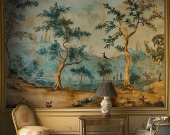 Handpaint Chinoiserie Wallpaper, digitally printed mural, Removable Peel Stick and Traditional