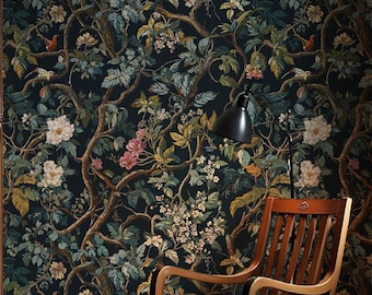 Dark Botanical Peel and Stick Wallpaper: Whimsical Branches, Textured Wall Mural