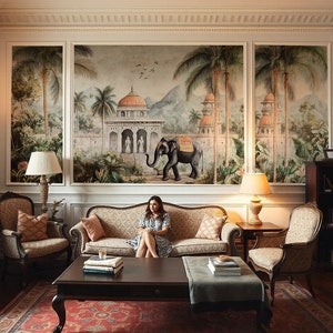 indian Mughal Wallpaper of Tropical Rajasthan on Removable Peel Stick, Traditional Non Woven
