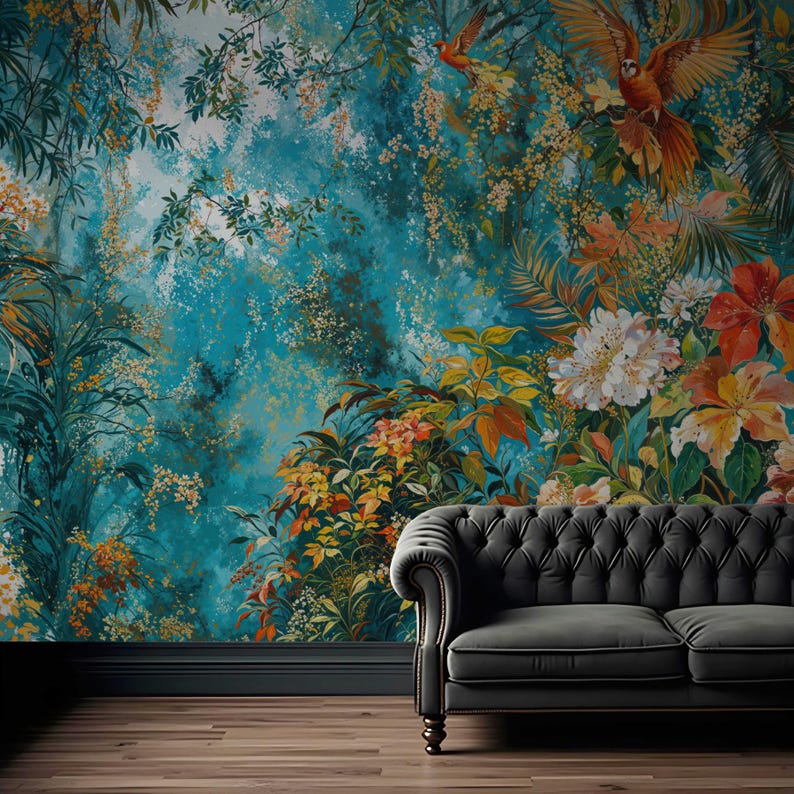 May include: A teal blue wallpaper mural with a tropical jungle scene featuring lush green foliage, vibrant flowers, and two orange and red birds in flight.