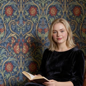 May include: A woman in a dark blue velvet dress sits in front of a patterned wallpaper. The wallpaper features a repeating floral design in red, blue, green, and gold. She is holding an open book.