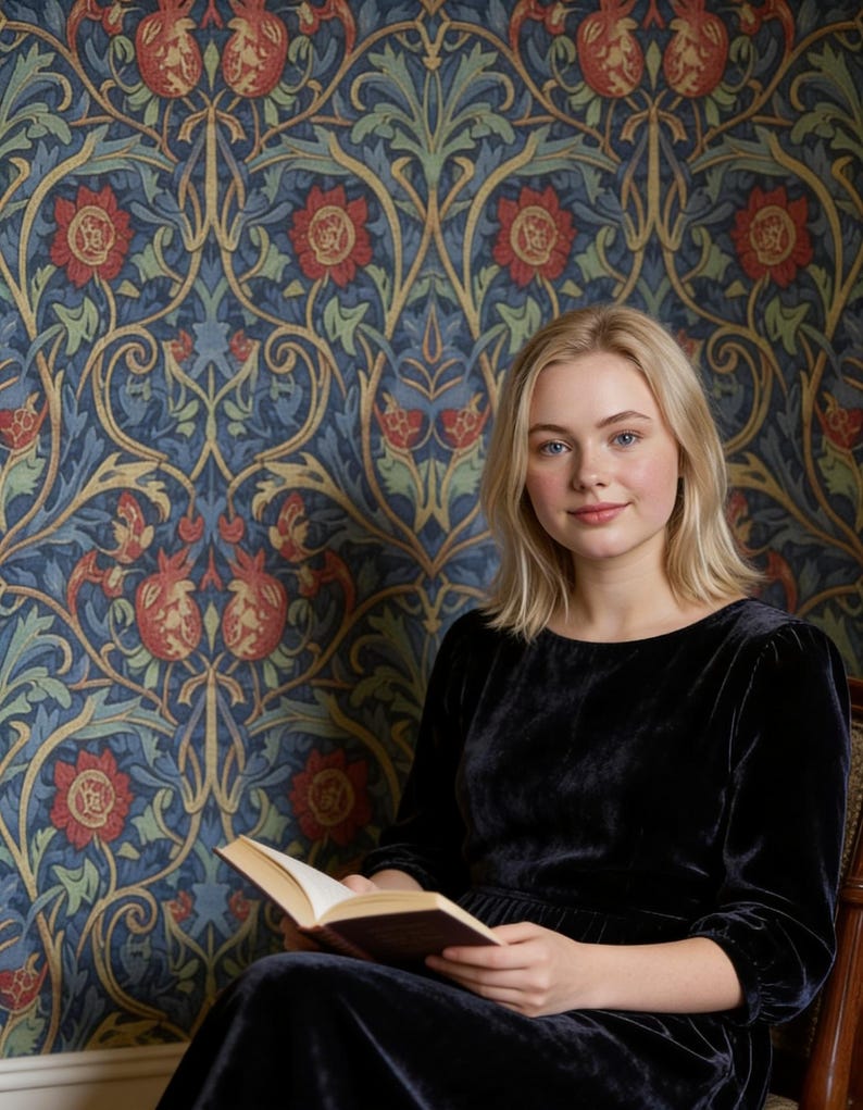 May include: A woman in a dark blue velvet dress sits in front of a patterned wallpaper. The wallpaper features a repeating floral design in red, blue, green, and gold. She is holding an open book.