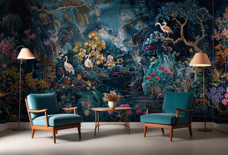 Whimsical Animals Wallpaper in Jungle, Magical Garden with Creatures, Botanic Mural - Removable Peel Stick and Traditional