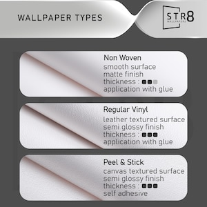 Puede incluir: Gr&aacute;fico informativo que detalla tres tipos de papel pintado: No tejido, Vinilo normal y Pelar y pegar. Cada tipo se describe con el acabado de la superficie, el grosor y el m&eacute;todo de aplicaci&oacute;n. El logotipo de STR8 Wallpapers est&aacute; en la esquina superior derecha.