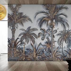 Gold Wallpaper, Gray Tropical Mughal, Indian Jaipur Garden, Removable Peel and Stick Wall Mural