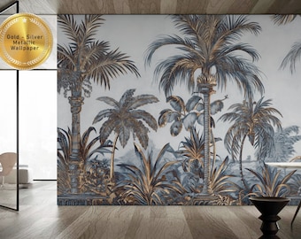 Gold Wallpaper, Gray Tropical Mughal, Indian Jaipur Garden, Removable Peel and Stick Wall Mural
