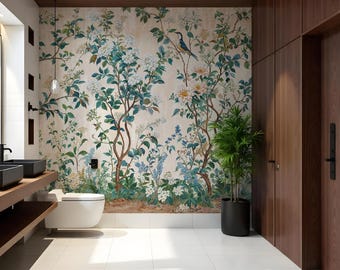 Beige Chinoiserie Mural Wallpaper, Creme Botanical Peel Stick, Garden Wall Paper with Birds Flowers on Vinyl Wallpaper