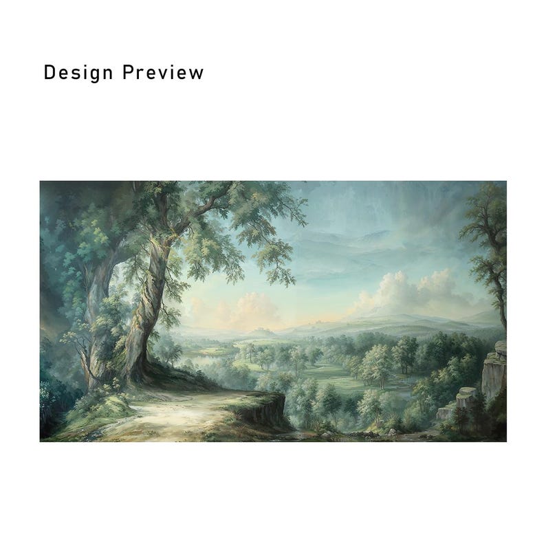 May include: A painting of a landscape with a large tree in the foreground. The tree is in the left side of the image and has a thick trunk and branches. The background is a distant view of a valley with rolling hills and a blue sky with white clouds.