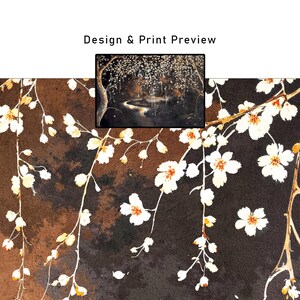 May include: A floral design print with white blossoms and brown branches against a dark brown and black background. The words "Design & Print Preview" are at the top. A small landscape painting is in the upper right corner.