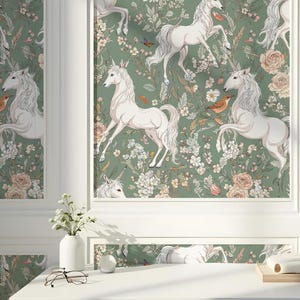 Vintage Unicorn Wallpaper Mystical Forest Wall Mural, Enchanted Garden, Fairy Tale Nursery Decor, Boho Whimsical Peel and Stick
