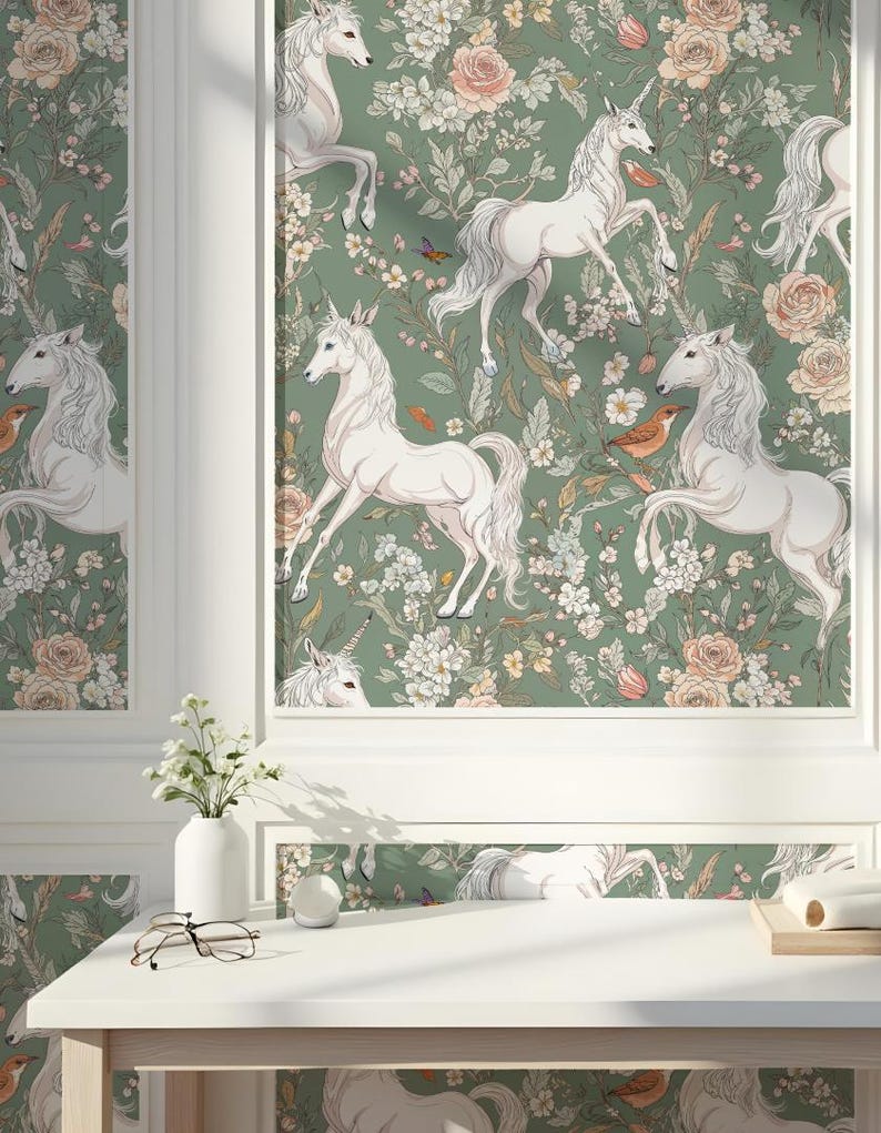 May include: Green wallpaper featuring white unicorns, peach roses, and other floral elements. The unicorns are depicted in various poses, creating a whimsical and enchanting design. The wallpaper is framed by white molding.