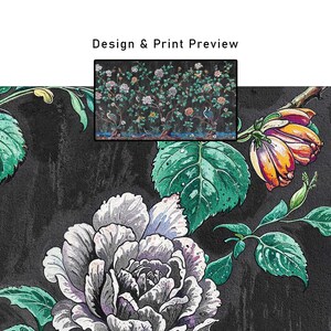 May include: A detailed floral design against a dark background. The image features large flowers in white, purple, and grey, with green leaves and stems. A smaller image shows a detailed floral pattern with birds. The text "Design & Print Preview" is at the top.