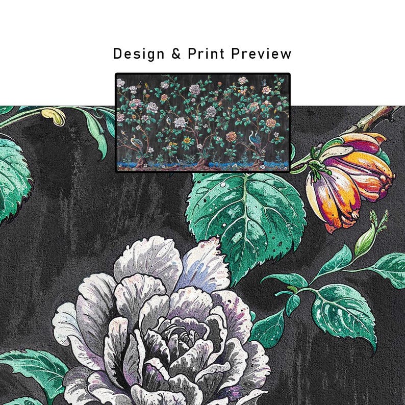 May include: A detailed floral design against a dark background. The image features large flowers in white, purple, and grey, with green leaves and stems. A smaller image shows a detailed floral pattern with birds. The text "Design & Print Preview" is at the top.