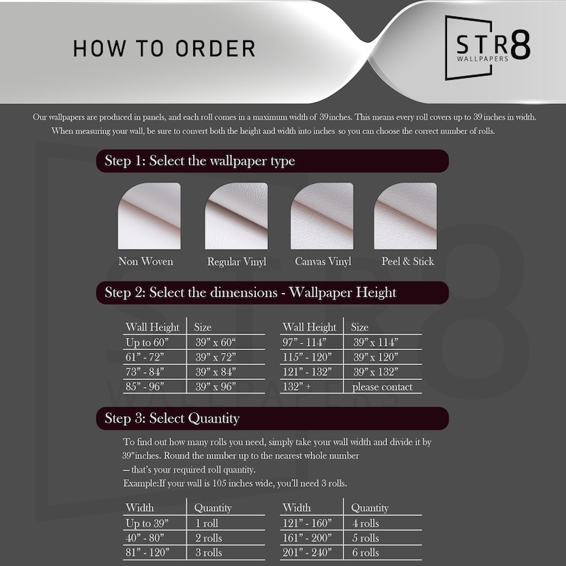 May include: Informational graphic titled "HOW TO ORDER" for STR8 Wallpapers. It details selecting wallpaper type, dimensions, and quantity. Includes charts with measurements in inches for wall height and width, and roll quantities.