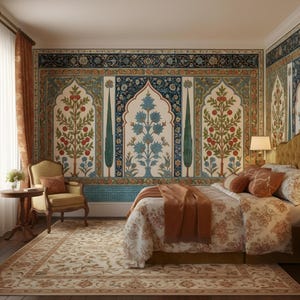 May include: A bedroom with ornate wall murals featuring floral and geometric designs in shades of blue, green, and red. The room includes a bed with floral bedding, a patterned rug, and a wooden chair. The curtains are a warm orange color.