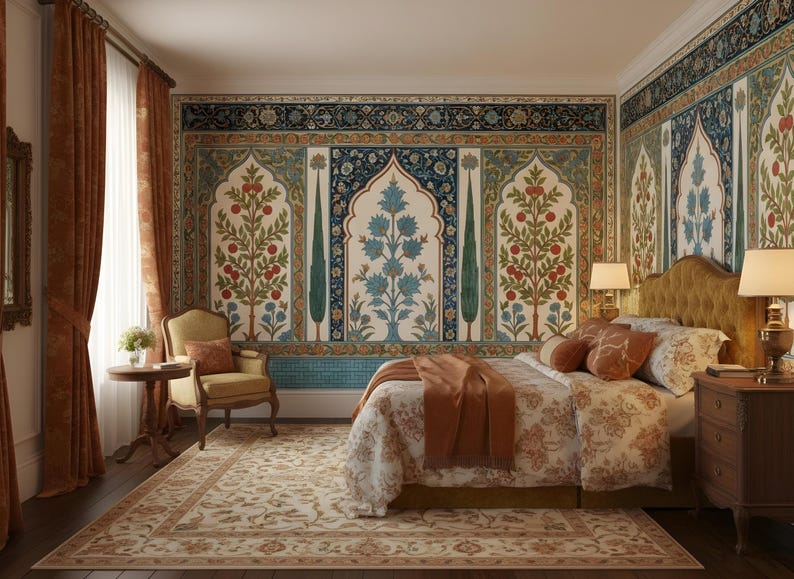 May include: A bedroom with ornate wall murals featuring floral and geometric designs in shades of blue, green, and red. The room includes a bed with floral bedding, a patterned rug, and a wooden chair. The curtains are a warm orange color.