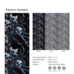 May include: A dark, textured, semi-matte fabric with a repeating pattern of skulls, flowers, and animal faces. The pattern is 25.5 inches wide and 25.5 inches tall. The fabric is peel and stick.
