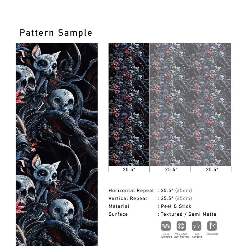 May include: A dark, textured, semi-matte fabric with a repeating pattern of skulls, flowers, and animal faces. The pattern is 25.5 inches wide and 25.5 inches tall. The fabric is peel and stick.