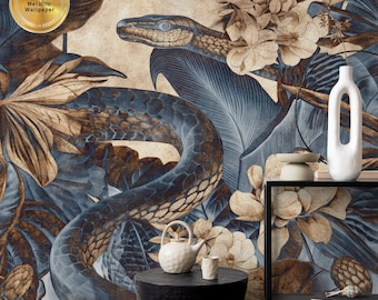 Gold Wallpaper, Metallic Snake in Jungle, Shiny Removable Non Woven Traditional Mural