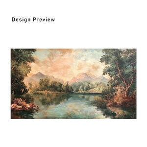 May include: A painting depicting a serene landscape with a lake surrounded by lush green trees and rolling hills. The sky is a soft pink and orange, creating a peaceful and tranquil atmosphere.