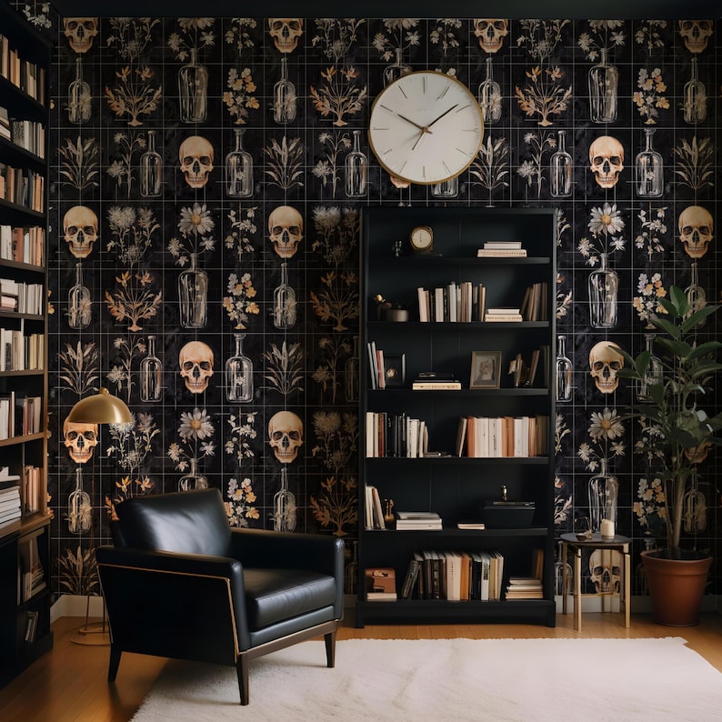 Dark Skull Wallpaper Peel Stick, Vintage Bottles and Flowers Mural, Removable Vinyl Gothic Wallpaper image 1