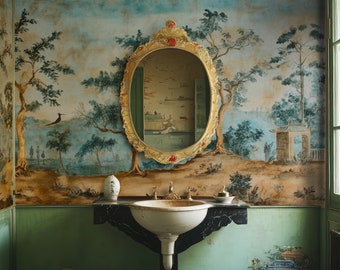 Handpaint Chinoiserie Wallpaper, digitally printed mural, Removable Peel Stick and Traditional