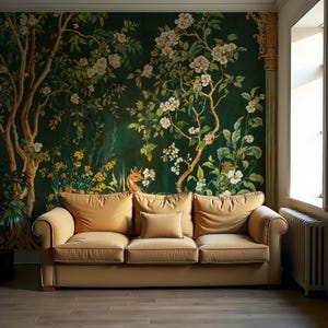 May include: A beige sofa with a floral wallpaper backdrop. The wallpaper features a green background with white flowers and a small orange deer.