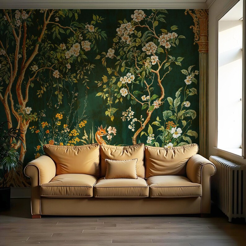 May include: A beige sofa with a floral wallpaper backdrop. The wallpaper features a green background with white flowers and a small orange deer.