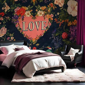 Bedroom Wallpaper Romantic Floral Love Peel Stick Mural Dark Flower Wallpaper, Customizable Wallpaper Text
