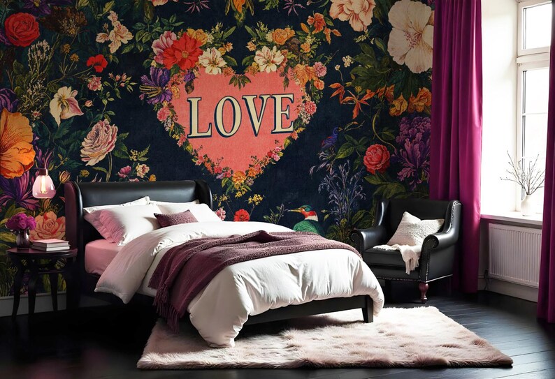 Bedroom Wallpaper Romantic Floral Love Peel Stick Mural Dark Flower Wallpaper, Customizable Wallpaper Text