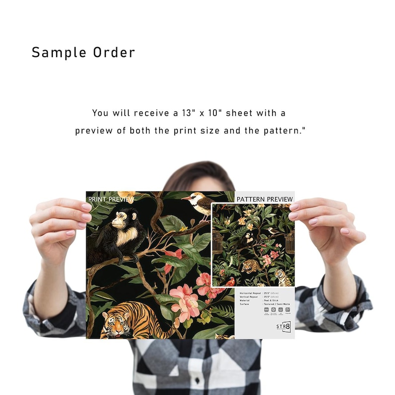 May include: A sample order sheet with a jungle-themed pattern preview. The sheet is 33 x 25 cm and features a black background with a tiger, monkey, bird, and floral design. The text "Sample Order" and other details are visible.