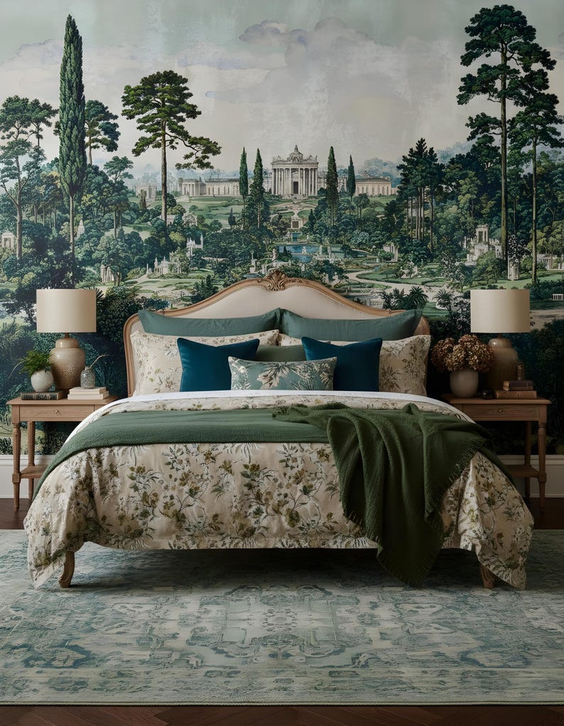 Peut inclure: Un ensemble de chambre comprenant un lit avec une couette &agrave; motifs floraux beiges, un jet&eacute; de lit vert fonc&eacute; et des oreillers assortis. Deux tables de chevet en bois avec des lampes beiges encadrent le lit. Un grand paysage mural orne le mur.