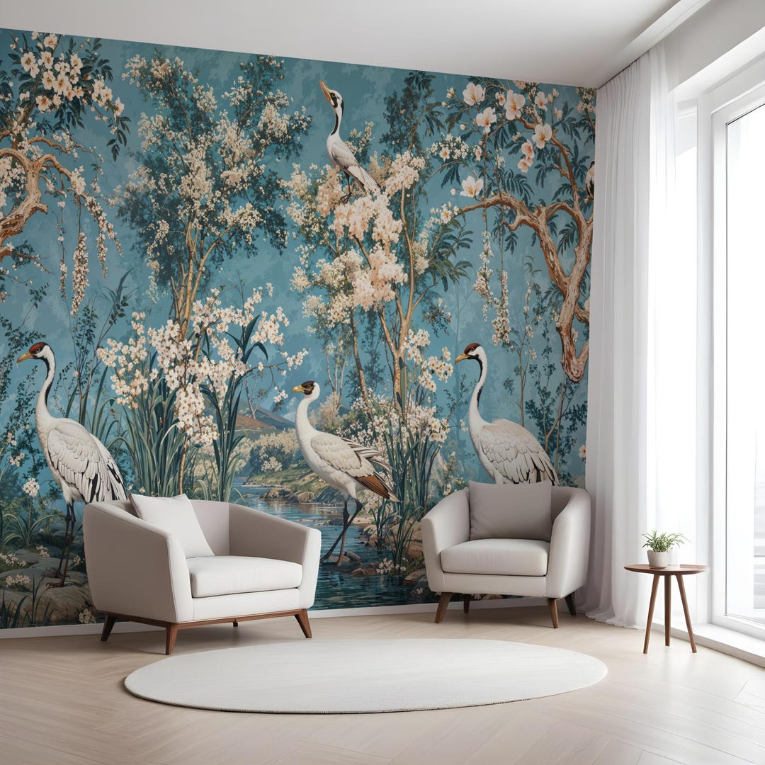 Dark Blue Chinoiserie Wallpaper, Botanic Mural and Cranes - Removable ...
