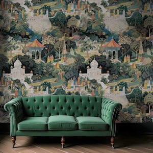 Lush Jaipur Wallpaper Indian Mural Mughal Vintage Indian Green Peel and Stick Wallpaper, Removable