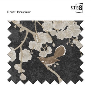 May include: A black and white wallpaper design featuring a stylized bird perched on a branch with delicate white blossoms. The background has a textured, watercolor-like effect.